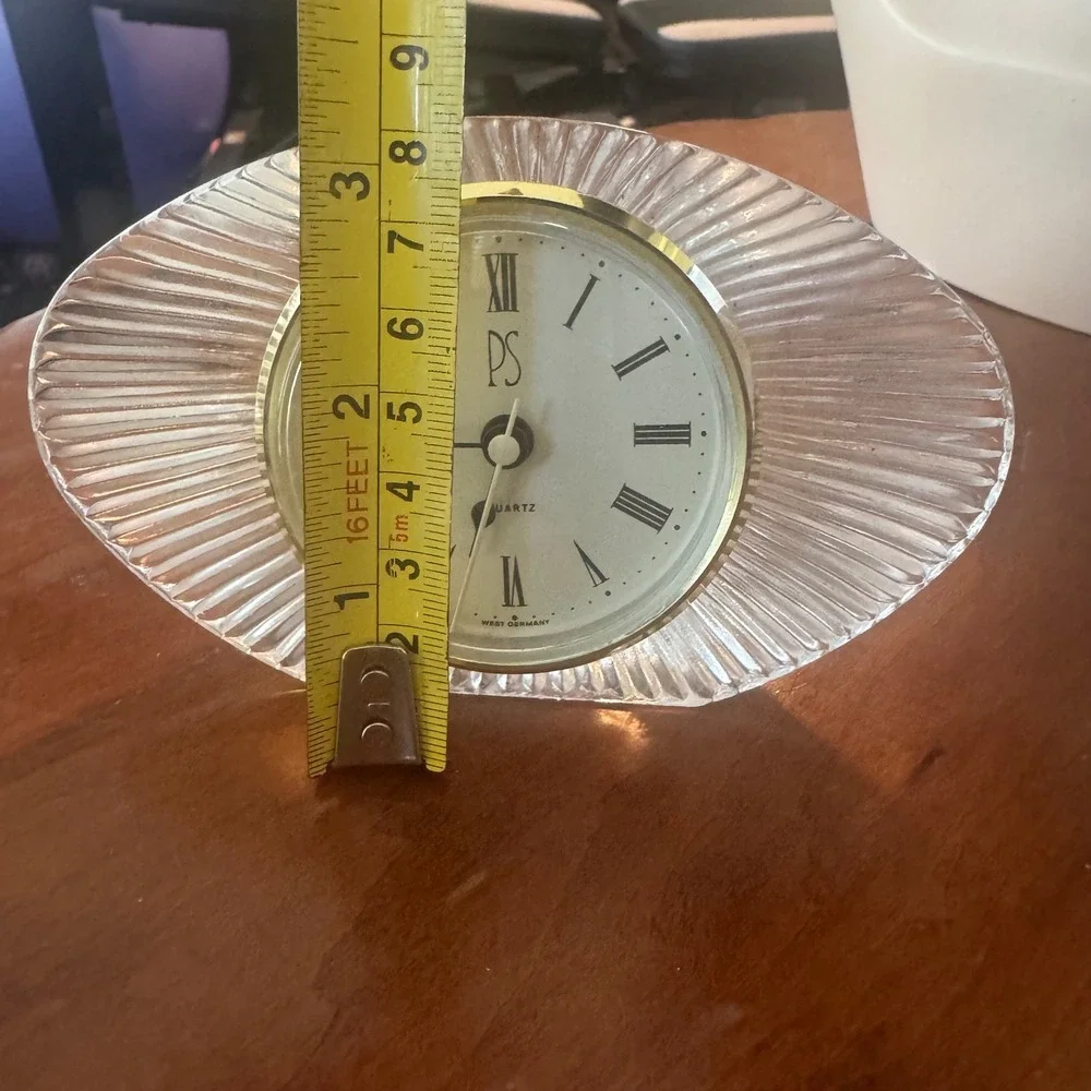 Vintage PS West Germany Quartz Fluted Glass Oval Desk Clock Gold Tone MCM
